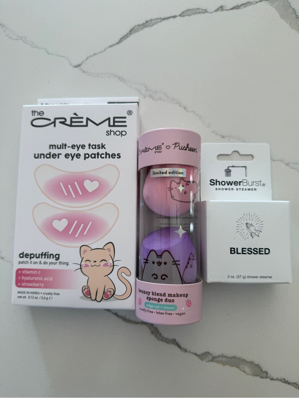 The Creme Under Eye Patches, Pusheen makeup sponges and shower steamer